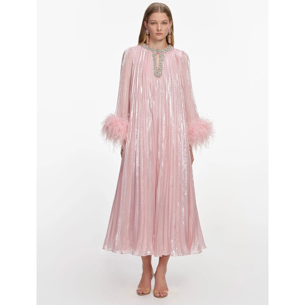 Self Portrait Pink Metallic Chiffon Feather Midi Dress